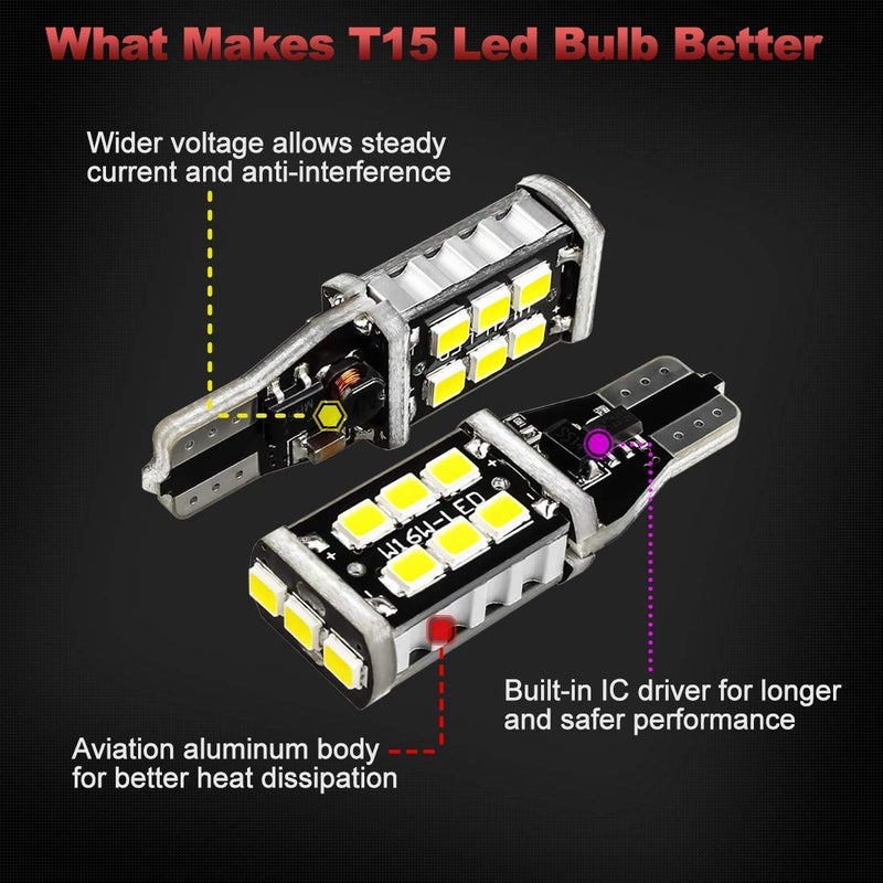 Yorkim 912 921 LED Bulb, Backup Light Bulbs High Power 2835 15-SMD Chipsets Extremely Bright Error Free T15 906 W16W for Back Up, Reverse, Tail, Brake Lights, 6000K White, Pack of 4 - Image 5